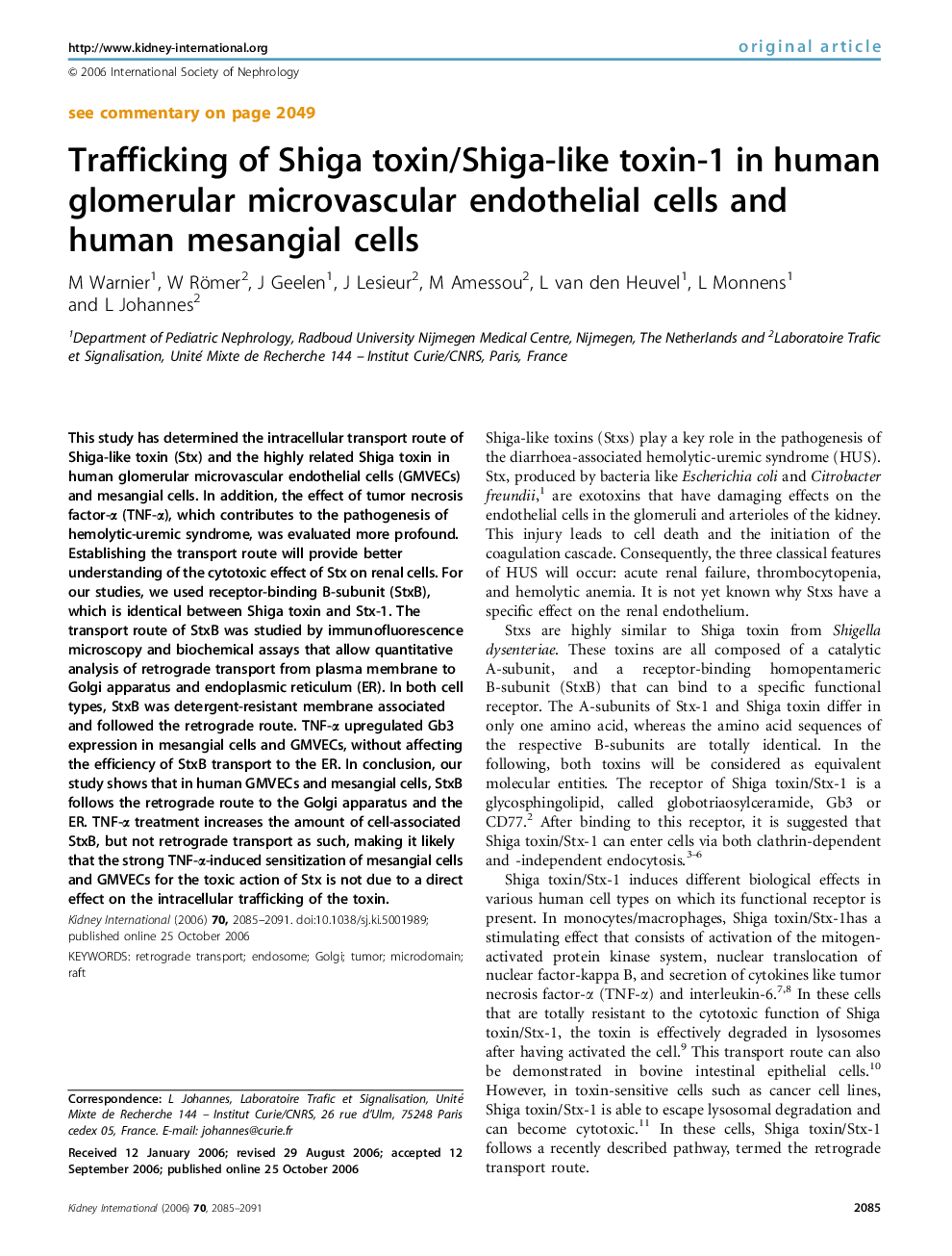 Trafficking of Shiga toxin/Shiga-like toxin-1 in human glomerular microvascular endothelial cells and human mesangial cells