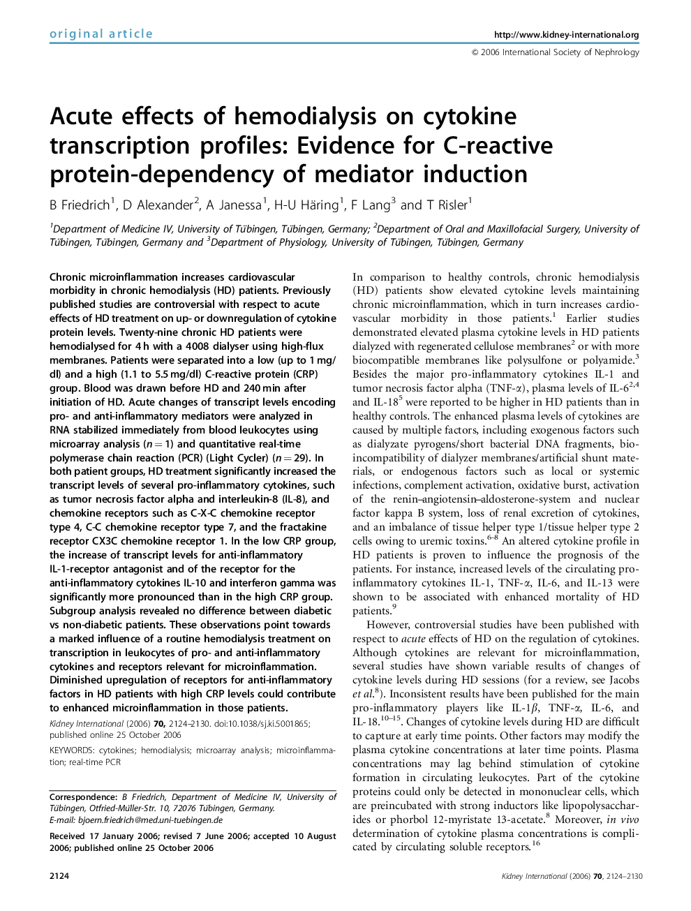 Acute effects of hemodialysis on cytokine transcription profiles: Evidence for C-reactive protein-dependency of mediator induction