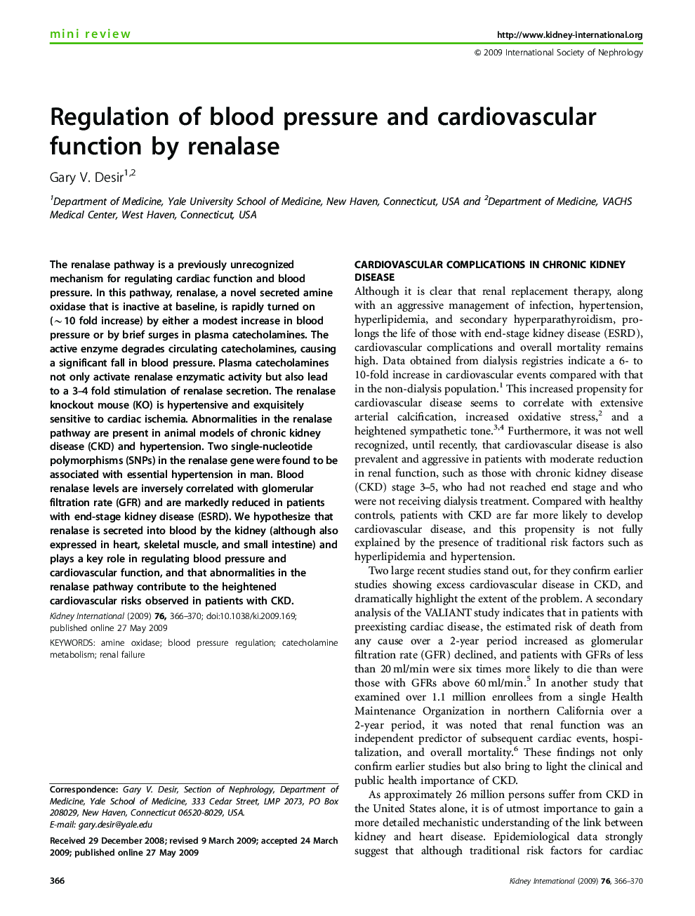 Regulation of blood pressure and cardiovascular function by renalase