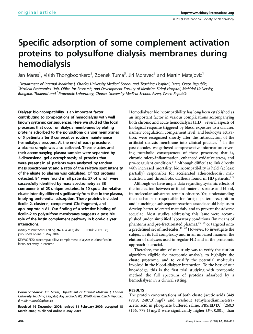 Specific adsorption of some complement activation proteins to polysulfone dialysis membranes during hemodialysis