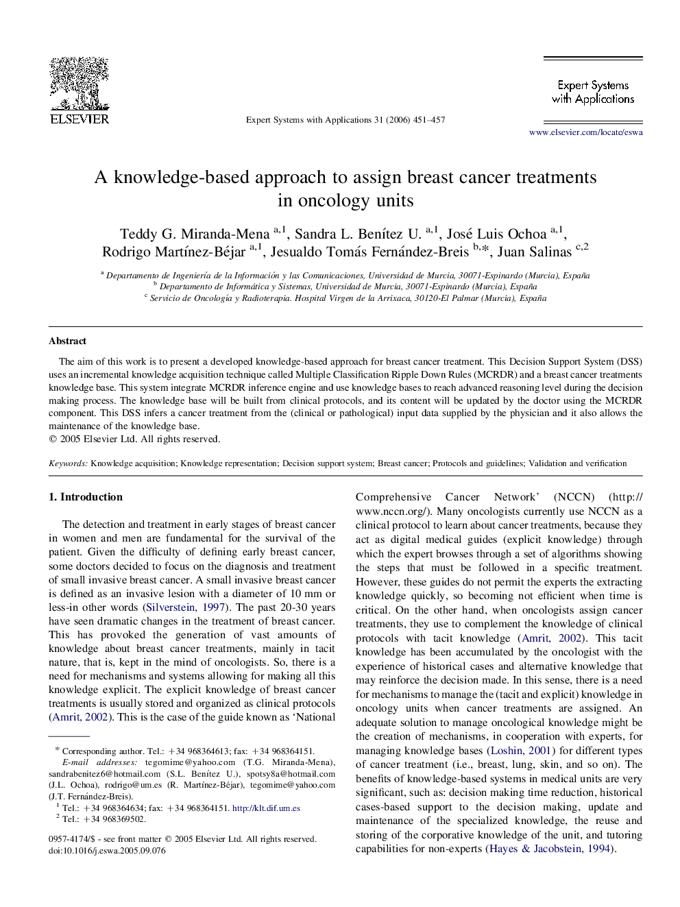 A knowledge-based approach to assign breast cancer treatments in oncology units