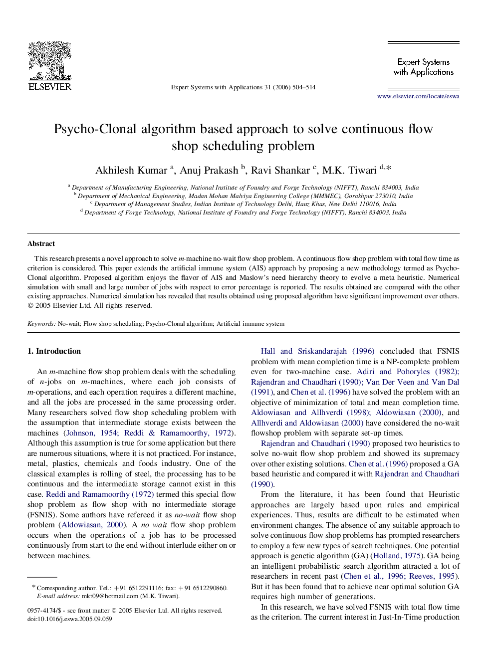 عکس صفحه اول مقاله: Psycho-Clonal algorithm based approach to solve continuous flow shop scheduling problem Psycho-Clonal algorithm based approach to solve continuous flow shop scheduling problem