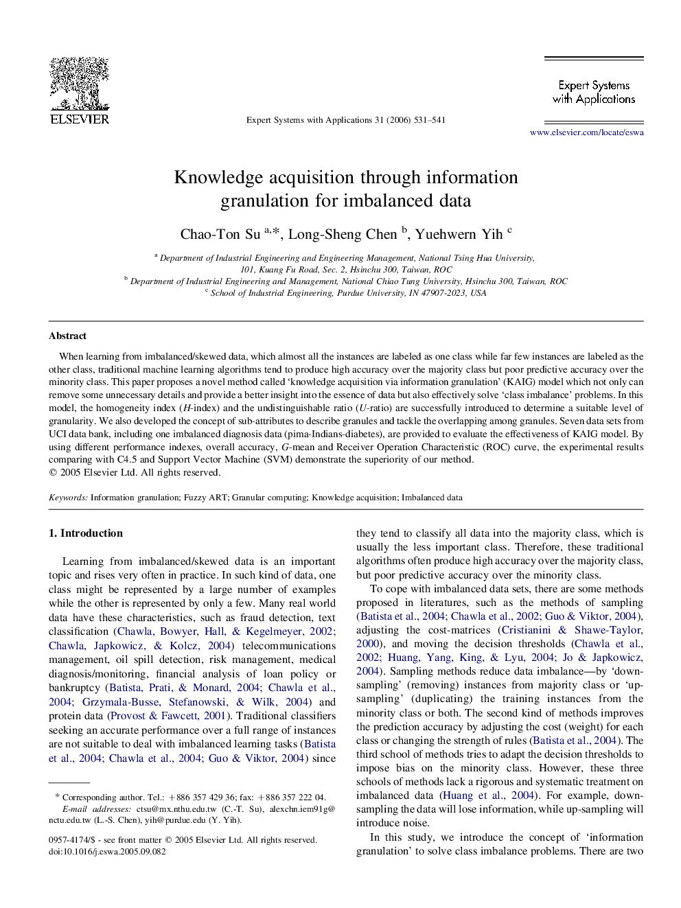 عکس صفحه اول مقاله: Knowledge acquisition through information granulation for imbalanced data Knowledge acquisition through information granulation for imbalanced data