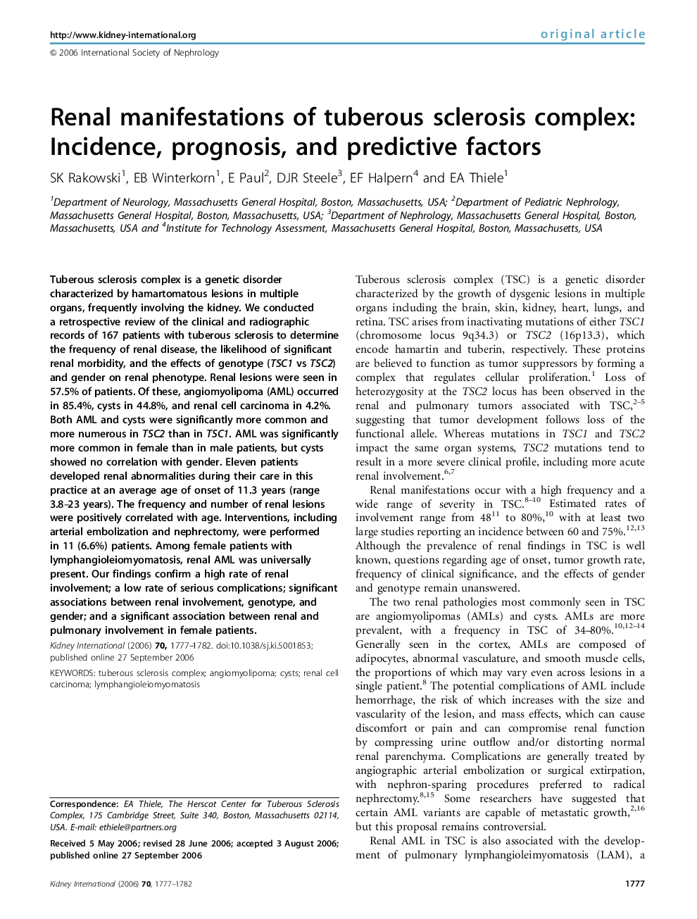 Renal manifestations of tuberous sclerosis complex: Incidence, prognosis, and predictive factors