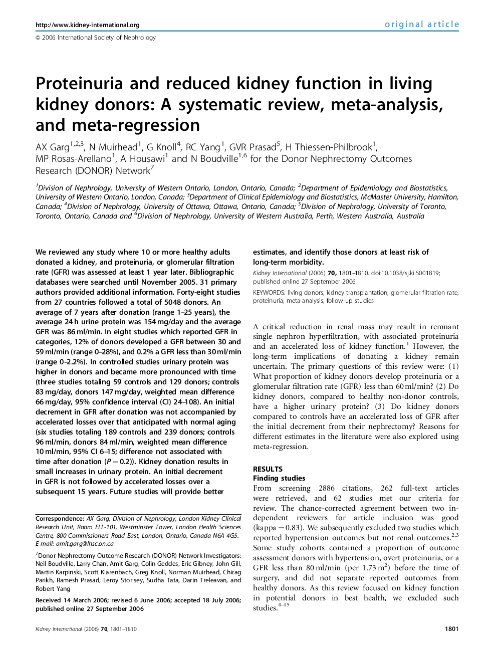 Proteinuria and reduced kidney function in living kidney donors: A systematic review, meta-analysis, and meta-regression