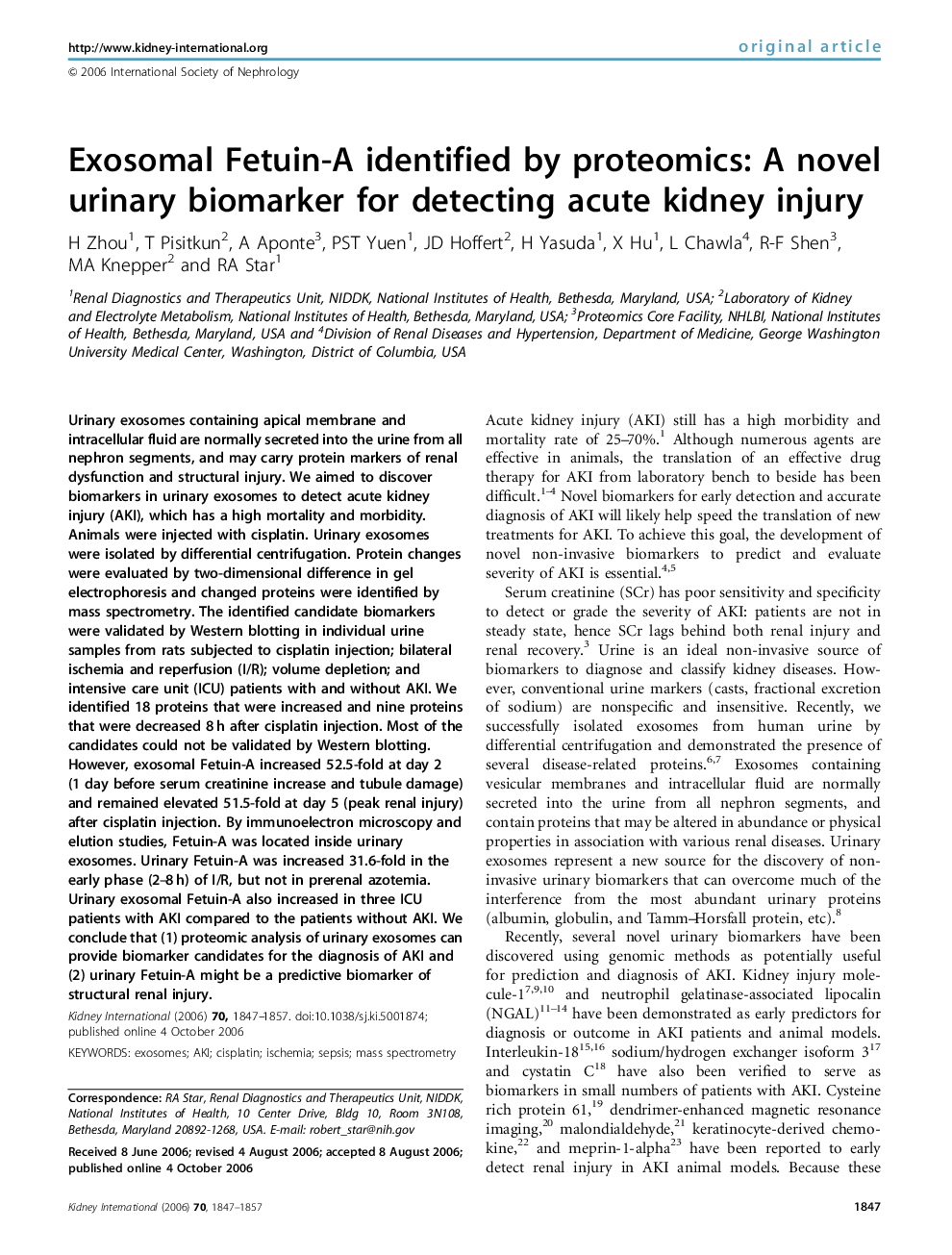 Exosomal Fetuin-A identified by proteomics: A novel urinary biomarker for detecting acute kidney injury