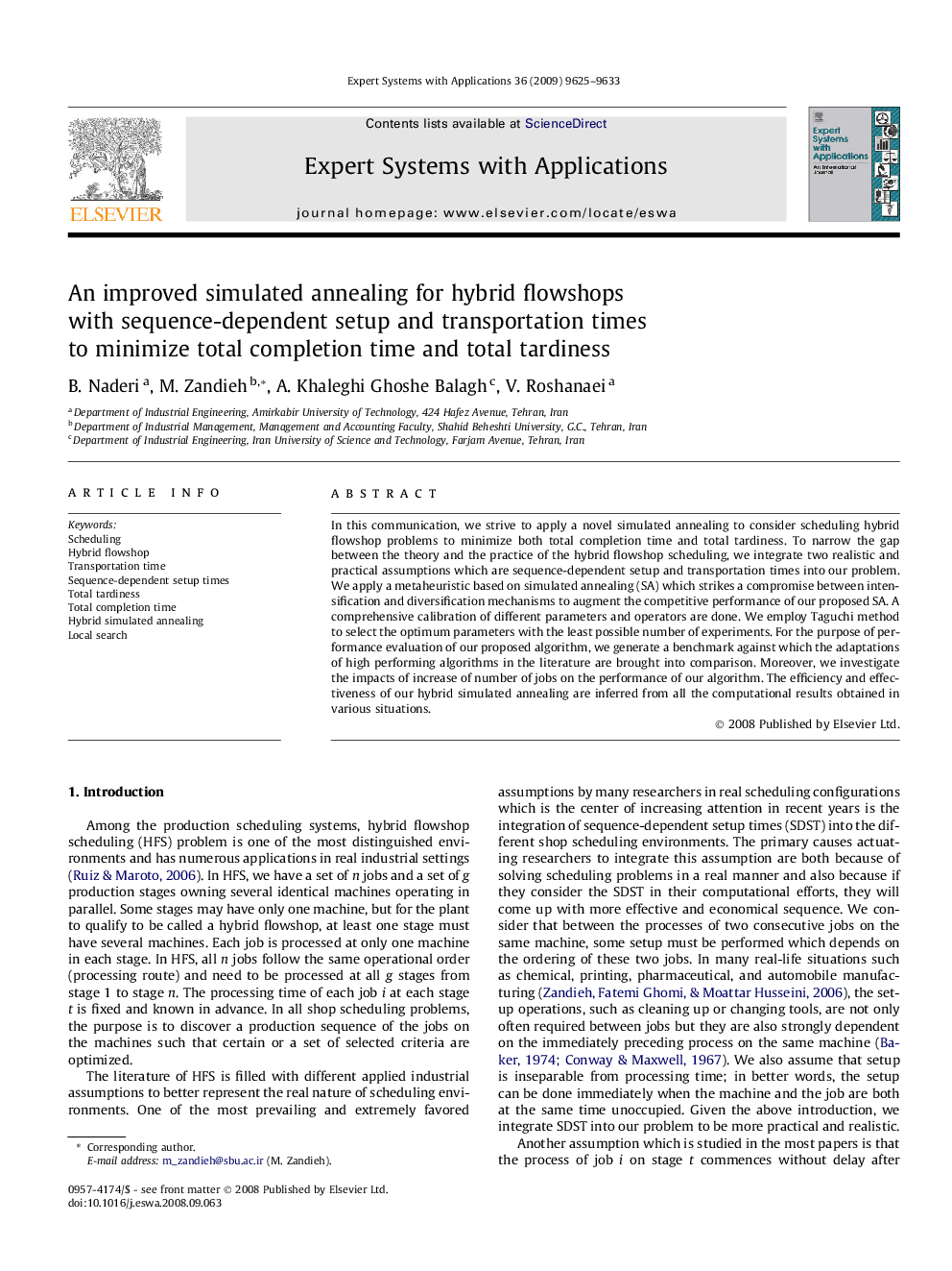 An improved simulated annealing for hybrid flowshops with sequence-dependent setup and transportation times to minimize total completion time and total tardiness