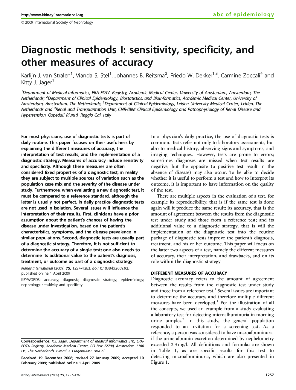 Diagnostic methods I: sensitivity, specificity, and other measures of accuracy 