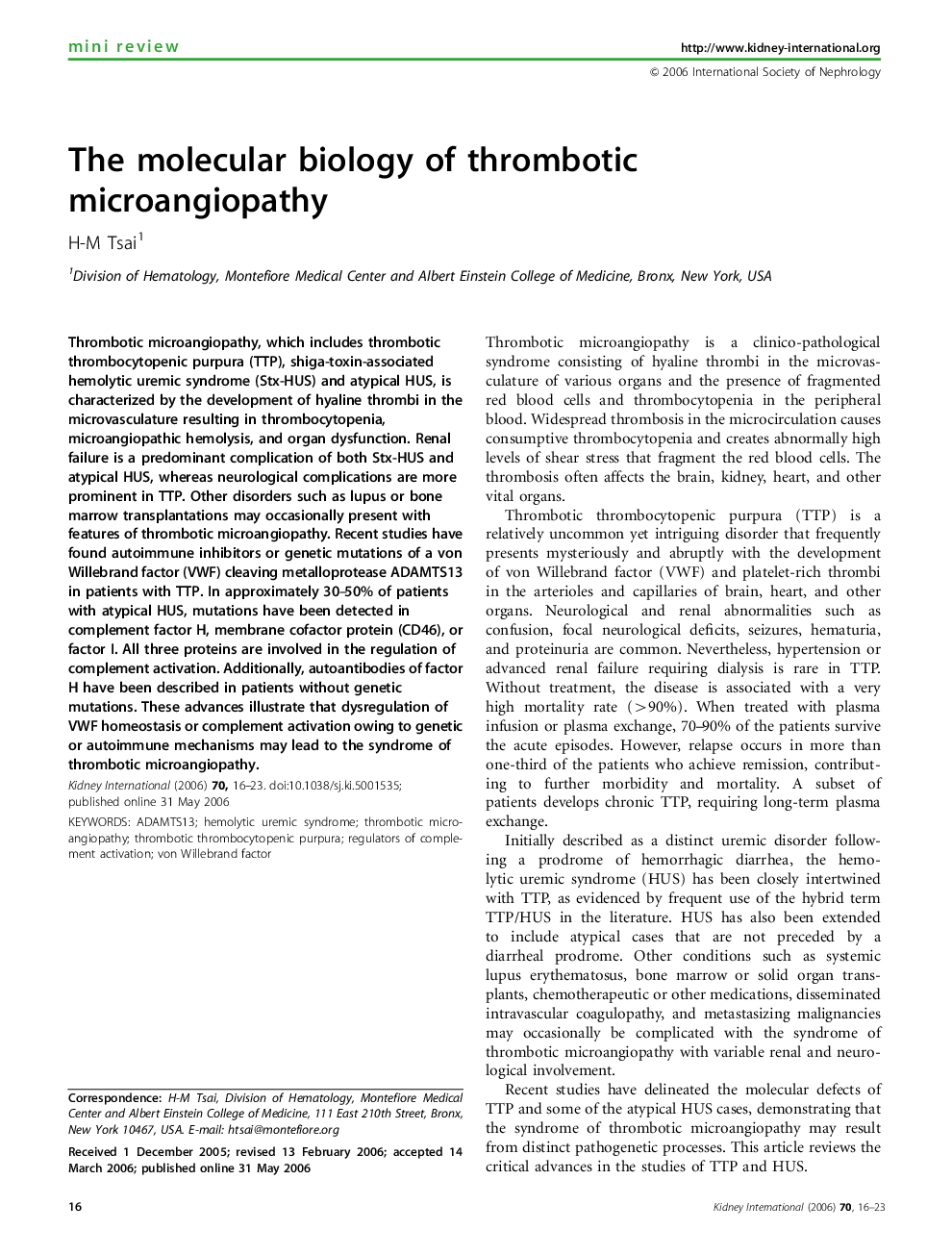 The molecular biology of thrombotic microangiopathy