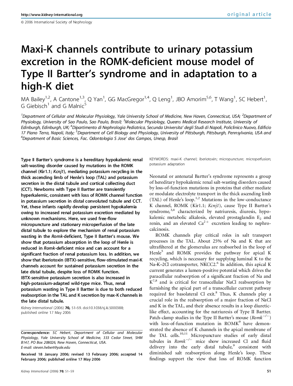 Maxi-K channels contribute to urinary potassium excretion in the ROMK-deficient mouse model of Type II Bartter's syndrome and in adaptation to a high-K diet