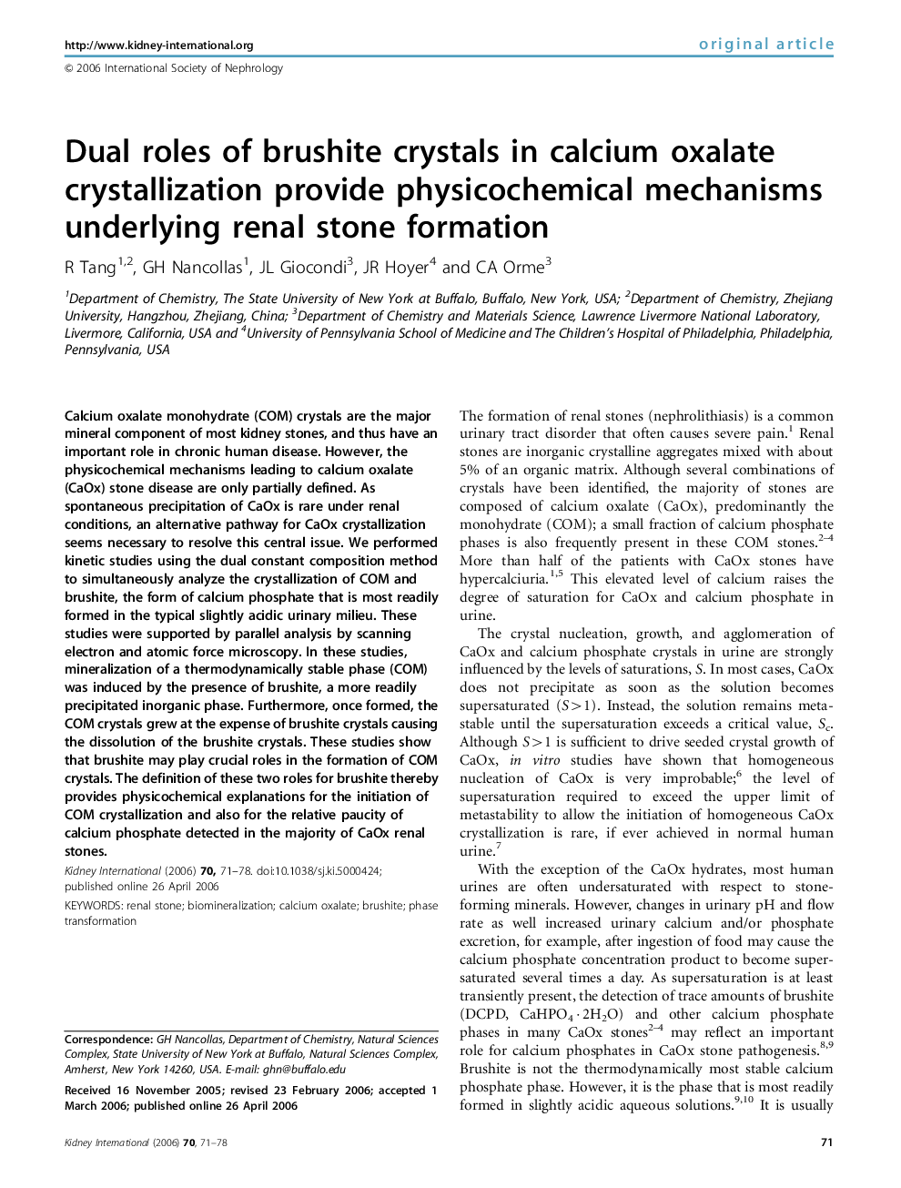 Dual roles of brushite crystals in calcium oxalate crystallization provide physicochemical mechanisms underlying renal stone formation