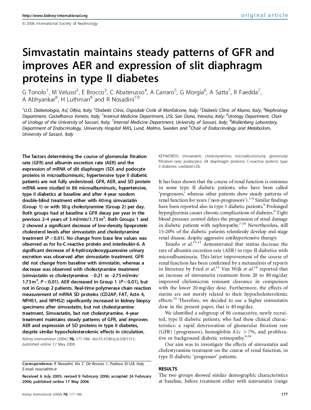 Simvastatin maintains steady patterns of GFR and improves AER and expression of slit diaphragm proteins in type II diabetes