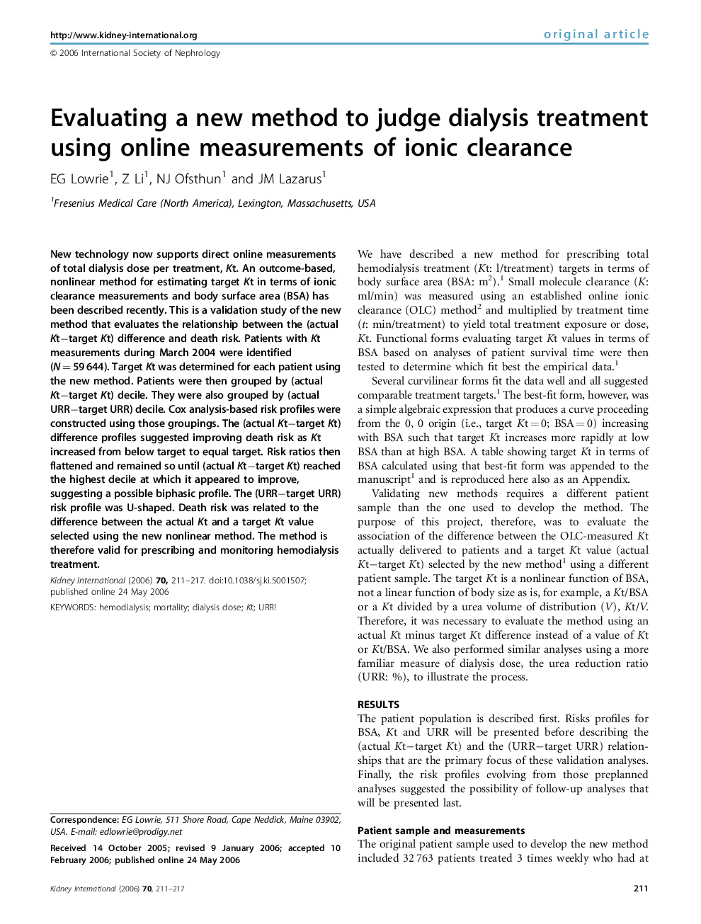 Evaluating a new method to judge dialysis treatment using online measurements of ionic clearance