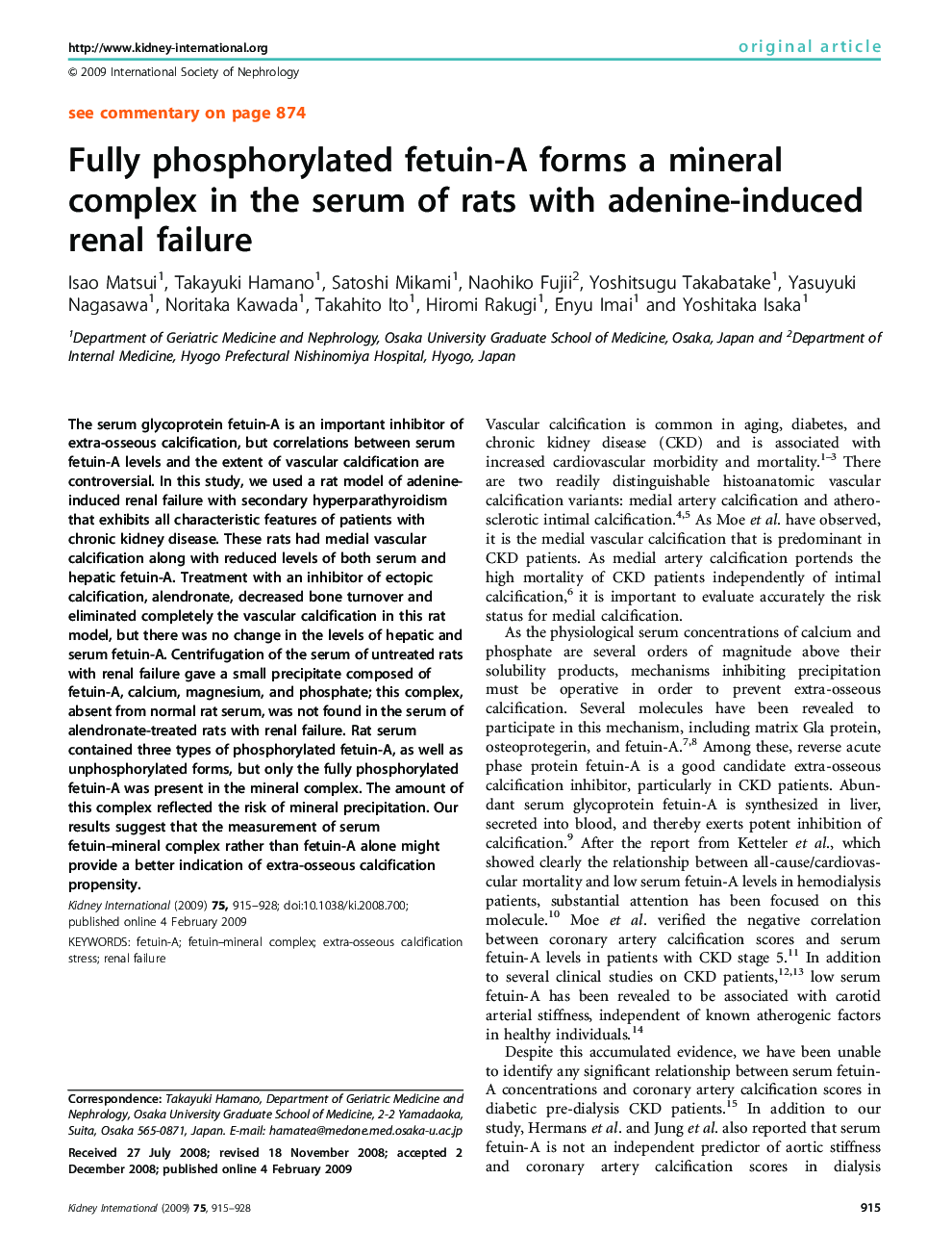 Fully phosphorylated fetuin-A forms a mineral complex in the serum of rats with adenine-induced renal failure