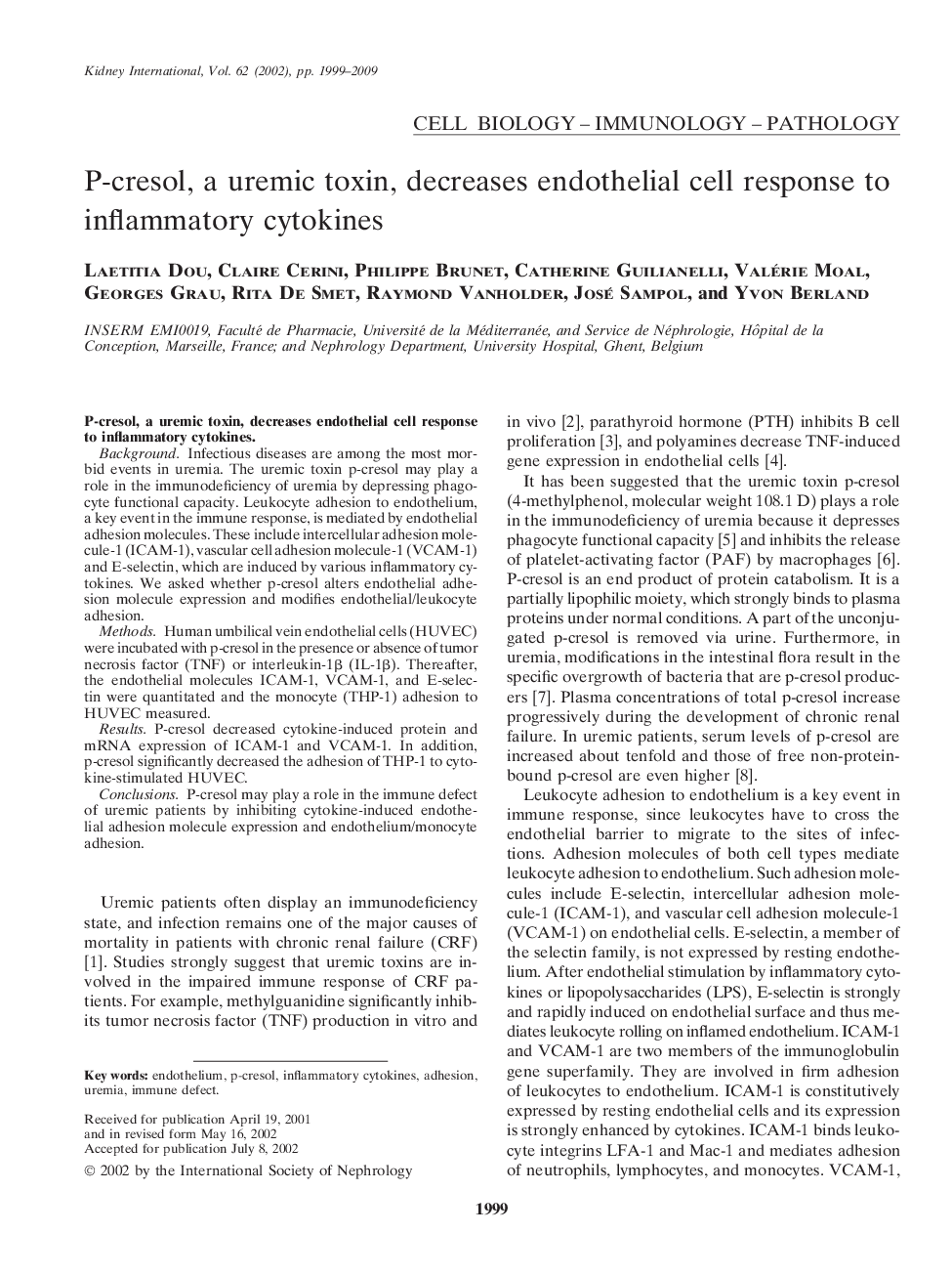 P-cresol, a uremic toxin, decreases endothelial cell response to inflammatory cytokines