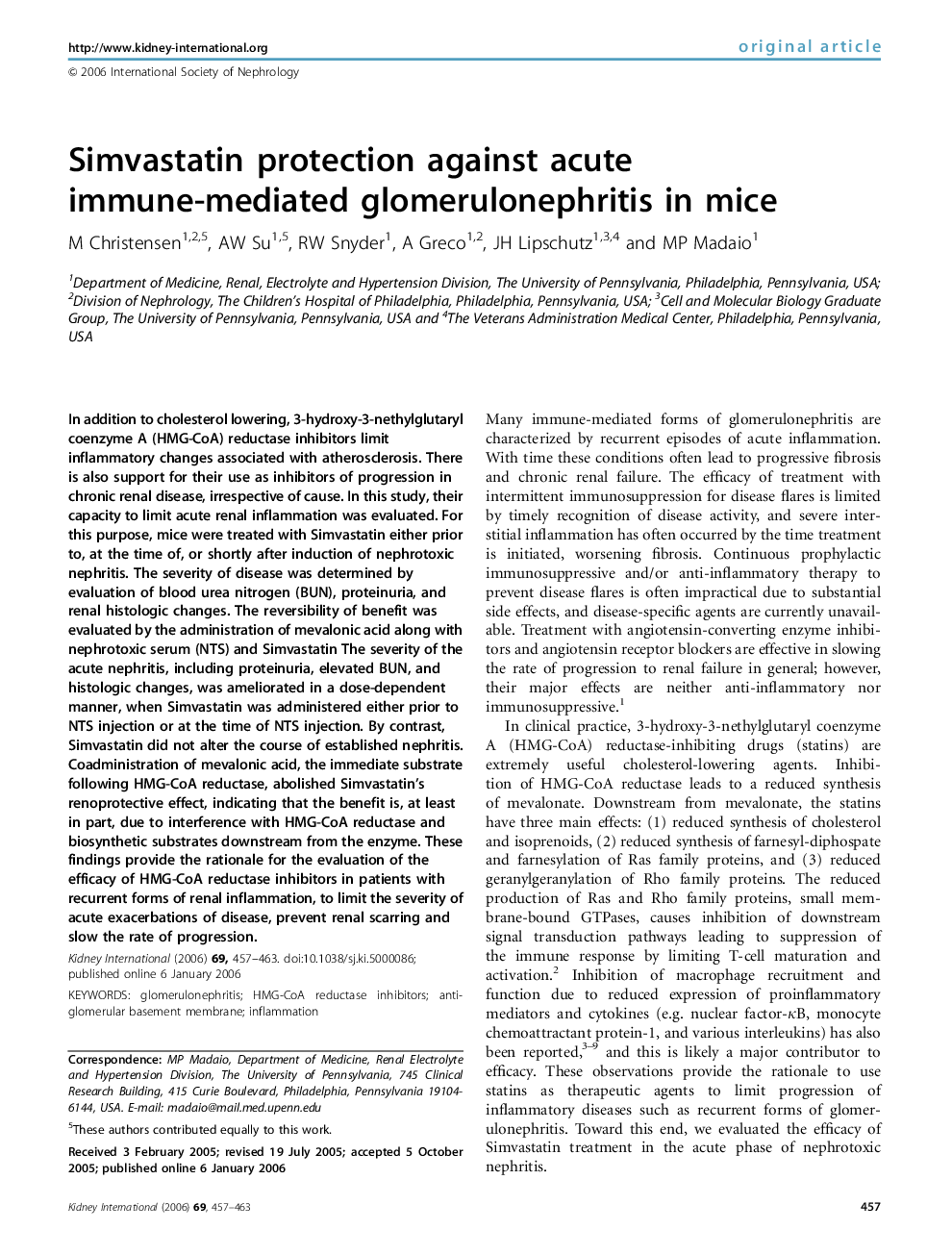 Simvastatin protection against acute immune-mediated glomerulonephritis in mice