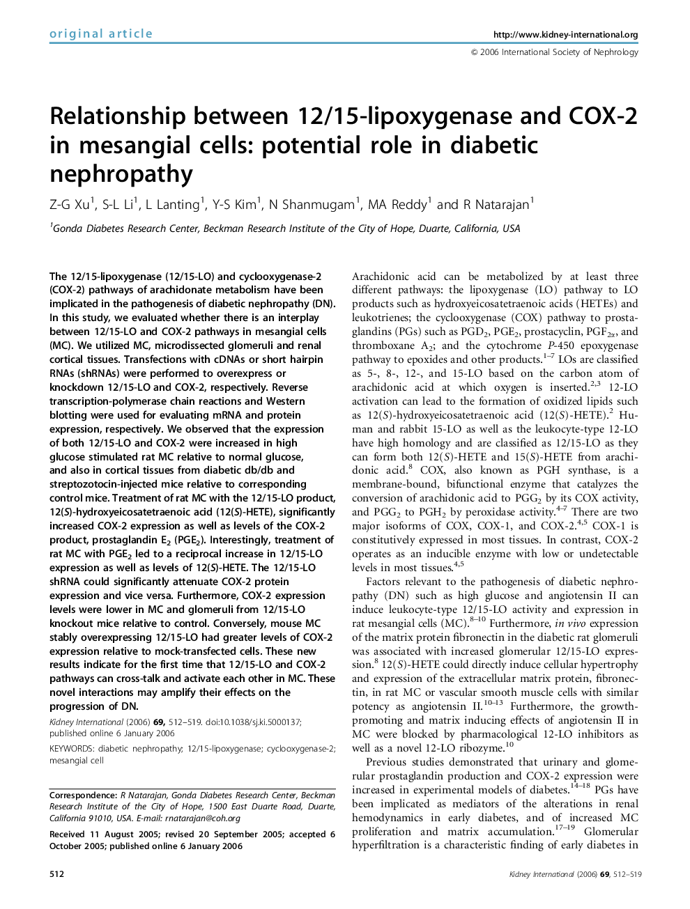 Relationship between 12/15-lipoxygenase and COX-2 in mesangial cells: potential role in diabetic nephropathy