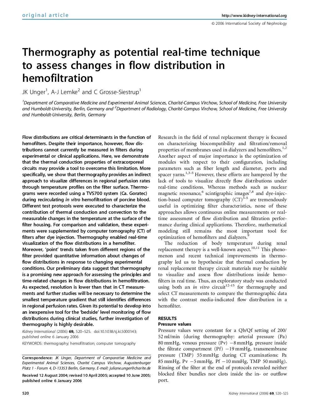 Thermography as potential real-time technique to assess changes in flow distribution in hemofiltration