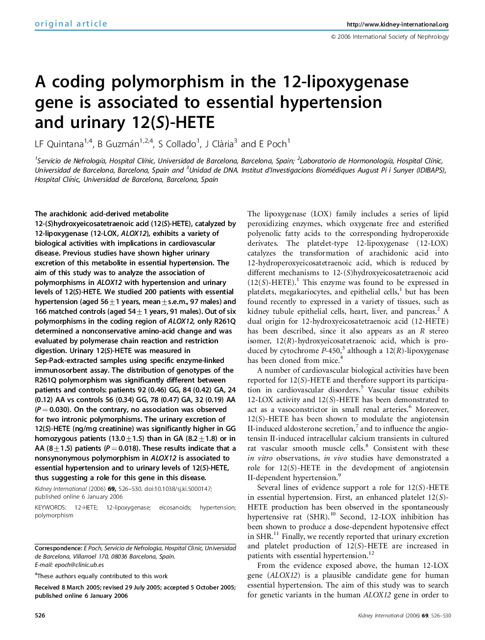 A coding polymorphism in the 12-lipoxygenase gene is associated to essential hypertension and urinary 12(S)-HETE