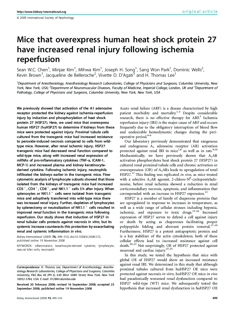 Mice that overexpress human heat shock protein 27 have increased renal injury following ischemia reperfusion 