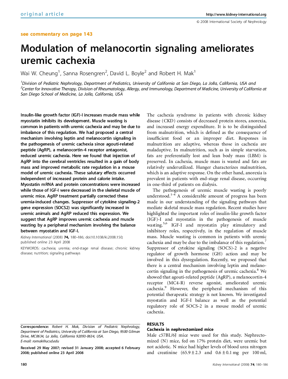 Modulation of melanocortin signaling ameliorates uremic cachexia