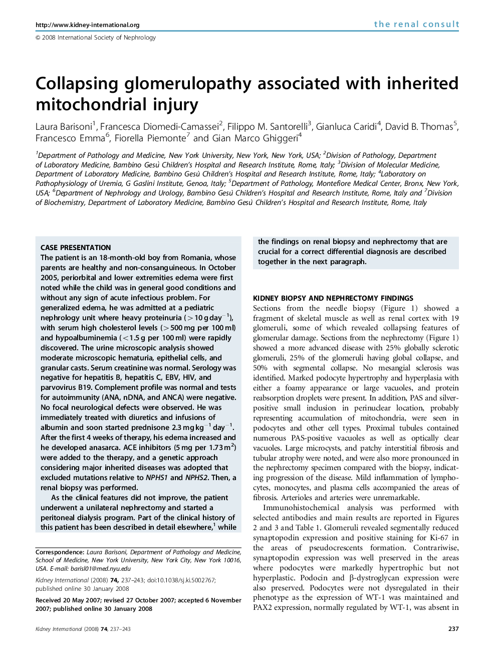 Collapsing glomerulopathy associated with inherited mitochondrial injury