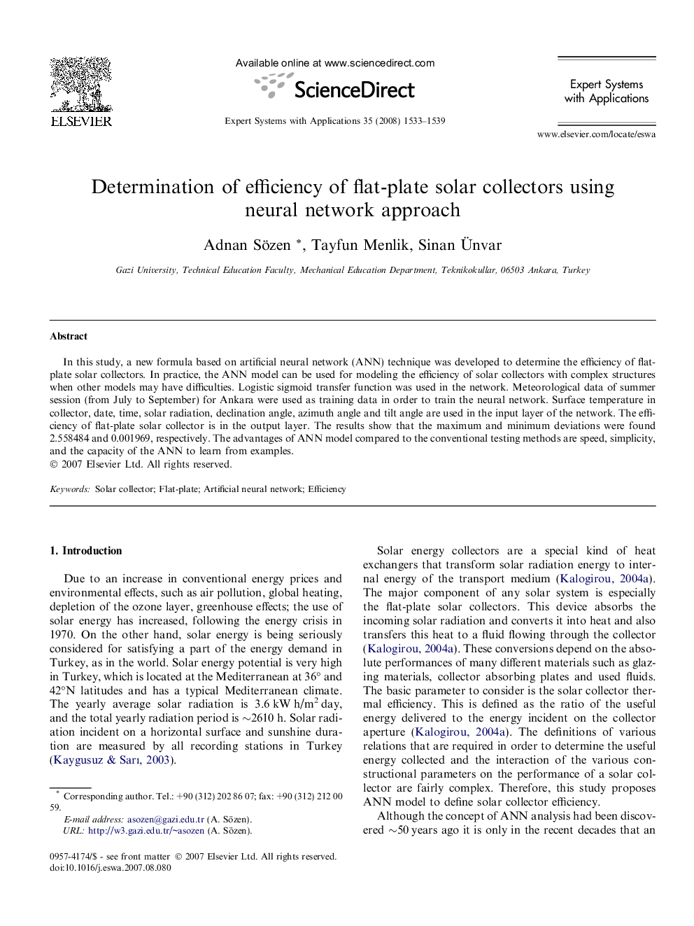 Determination of efficiency of flat-plate solar collectors using neural network approach