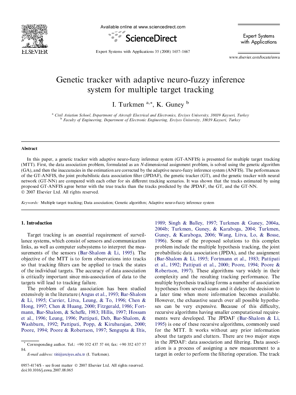 Genetic tracker with adaptive neuro-fuzzy inference system for multiple target tracking