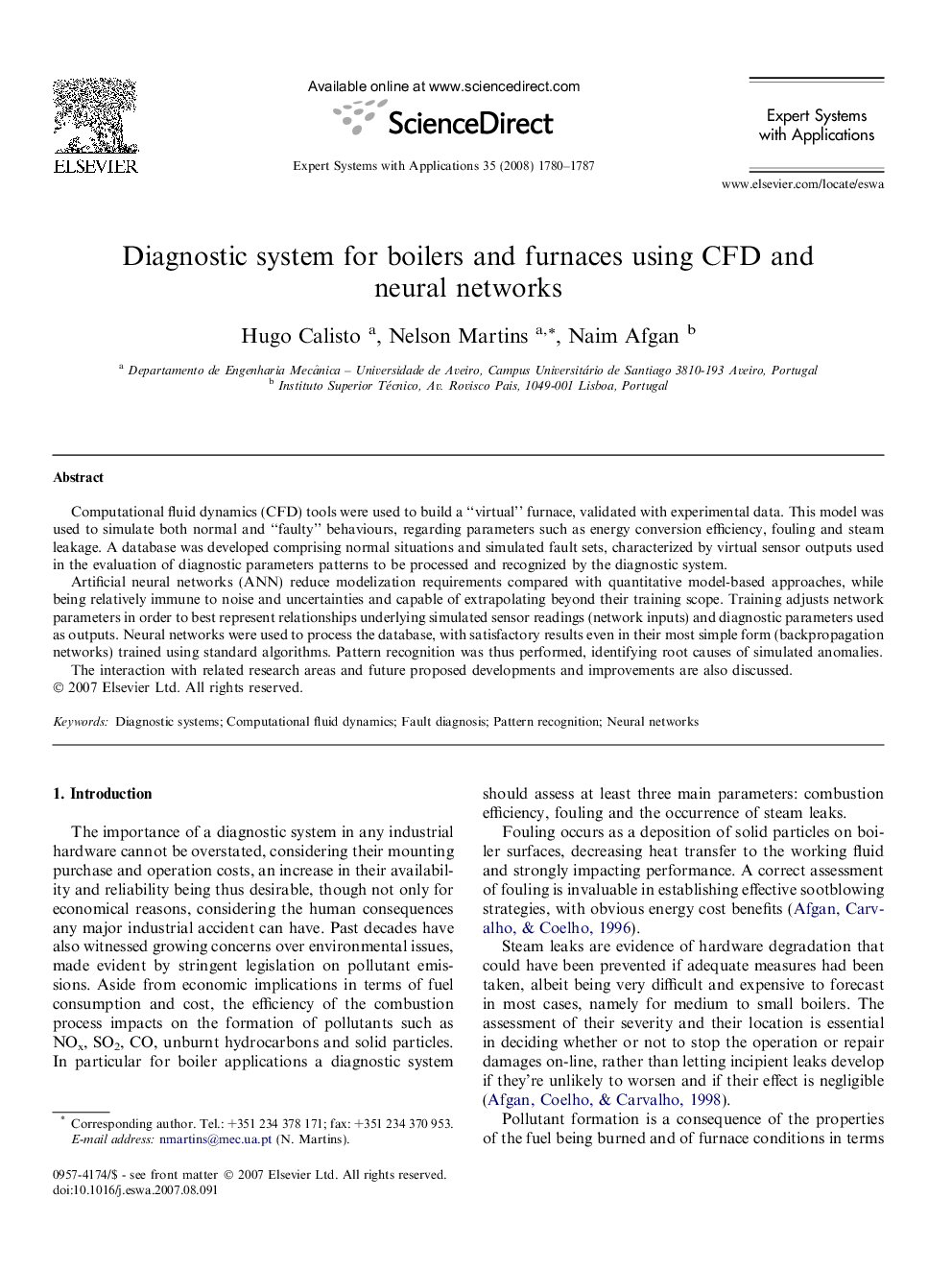 Diagnostic system for boilers and furnaces using CFD and neural networks