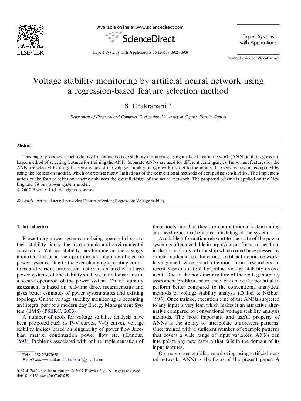 Voltage stability monitoring by artificial neural network using a regression-based feature selection method