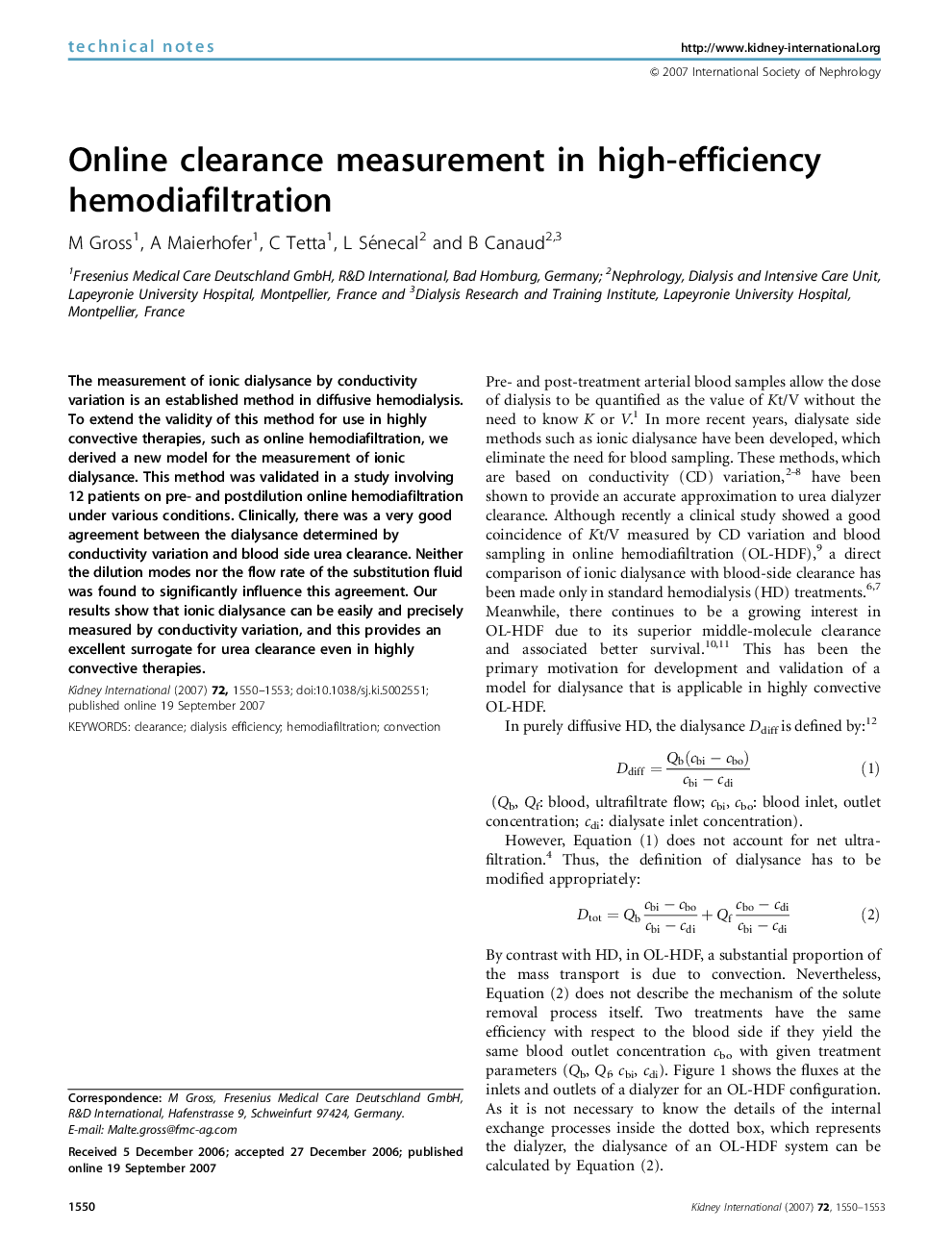 Online clearance measurement in high-efficiency hemodiafiltration