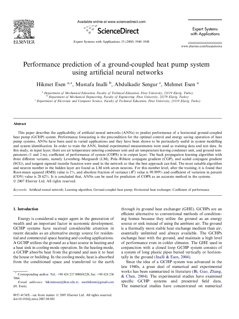 Performance prediction of a ground-coupled heat pump system using artificial neural networks