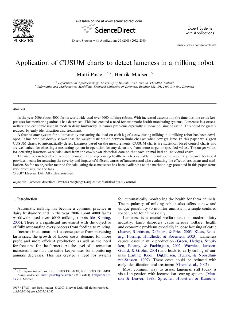 Application of CUSUM charts to detect lameness in a milking robot