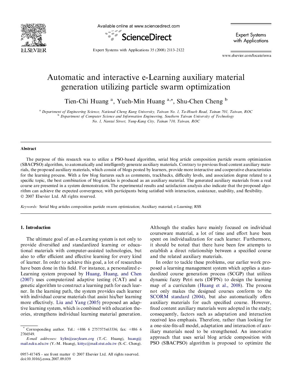 Automatic and interactive e-Learning auxiliary material generation utilizing particle swarm optimization