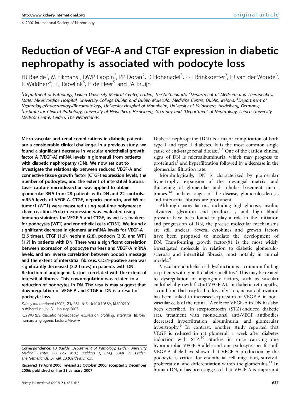 Reduction of VEGF-A and CTGF expression in diabetic nephropathy is associated with podocyte loss