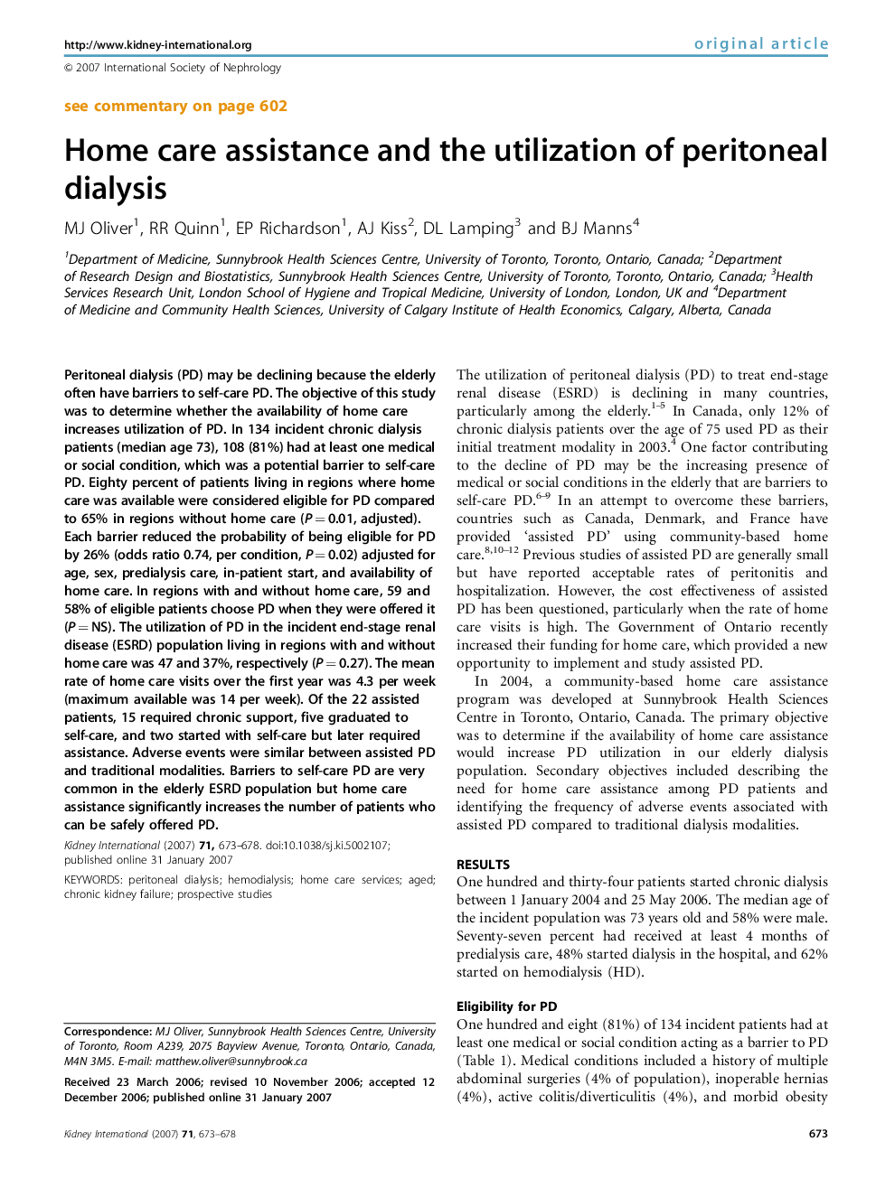 Home care assistance and the utilization of peritoneal dialysis