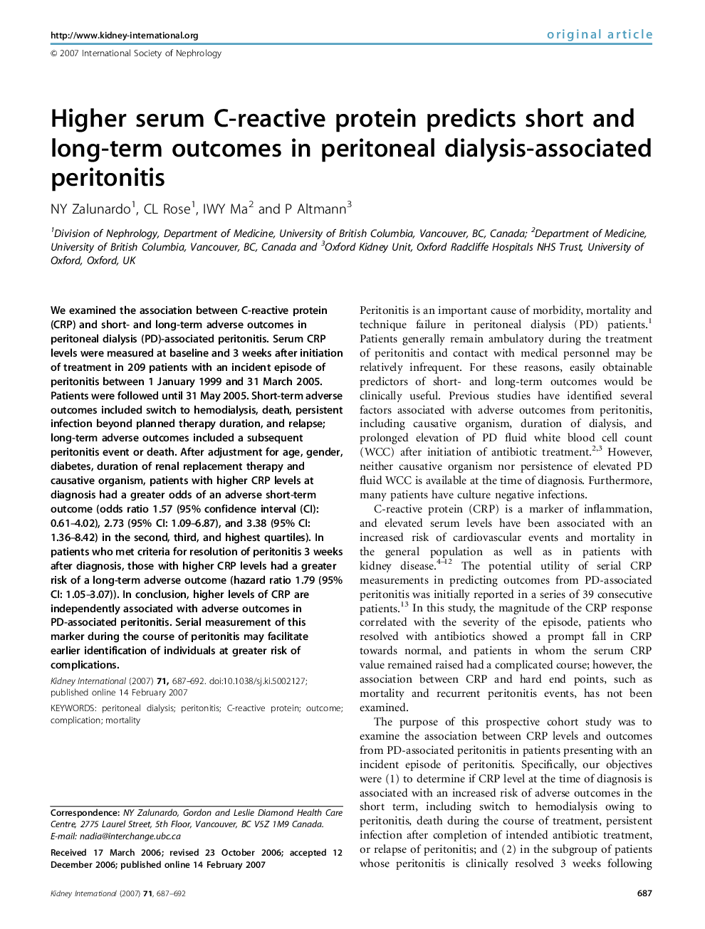 Higher serum C-reactive protein predicts short and long-term outcomes in peritoneal dialysis-associated peritonitis