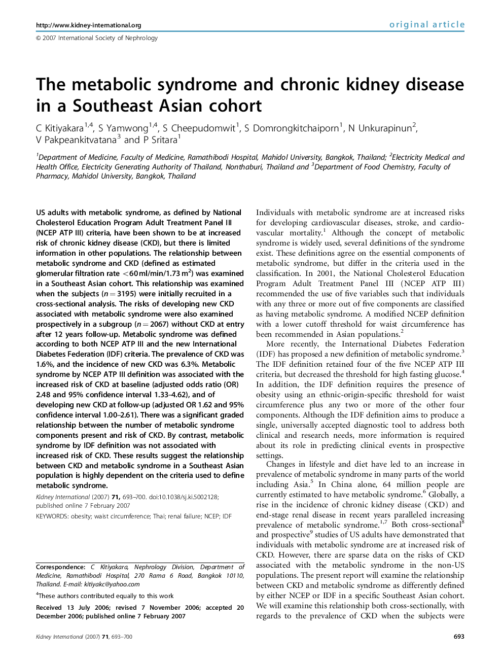 The metabolic syndrome and chronic kidney disease in a Southeast Asian cohort