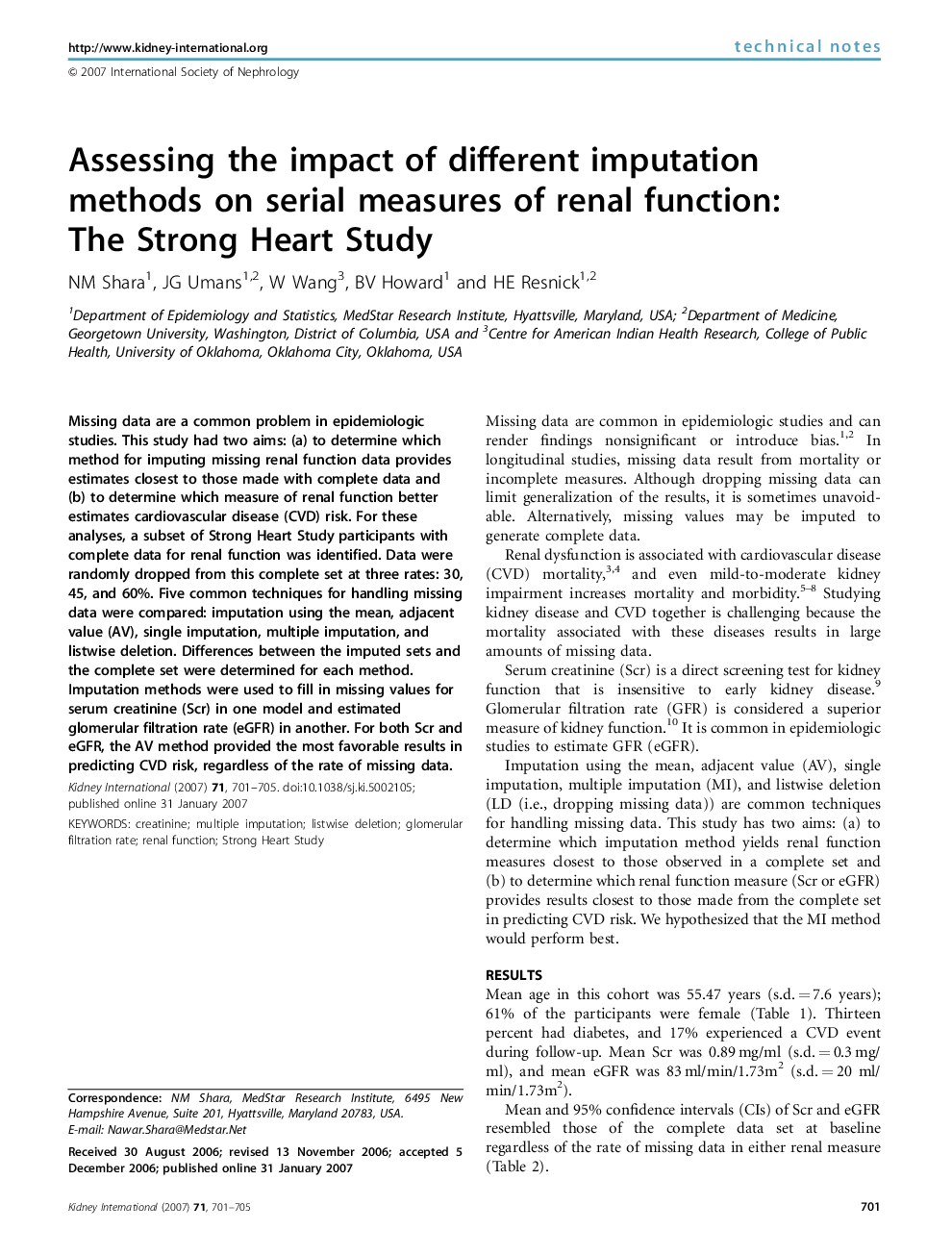 Assessing the impact of different imputation methods on serial measures of renal function: The Strong Heart Study