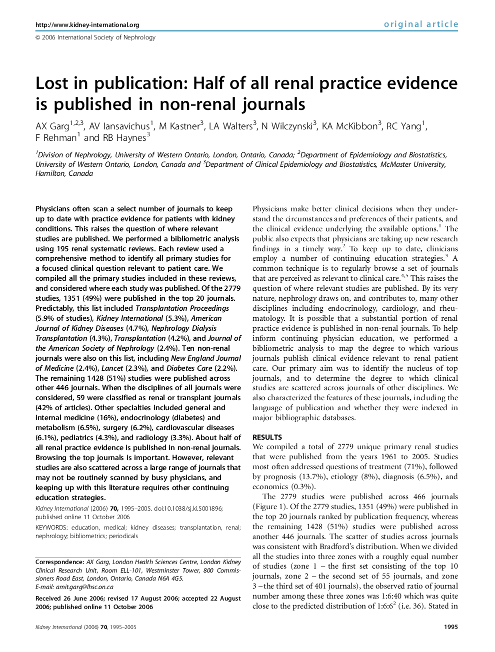 Lost in publication: Half of all renal practice evidence is published in non-renal journals