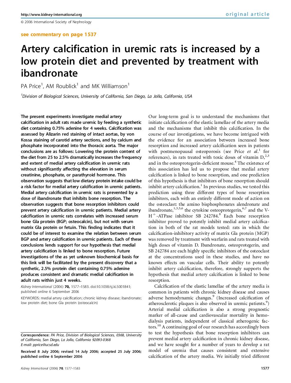 Artery calcification in uremic rats is increased by a low protein diet and prevented by treatment with ibandronate