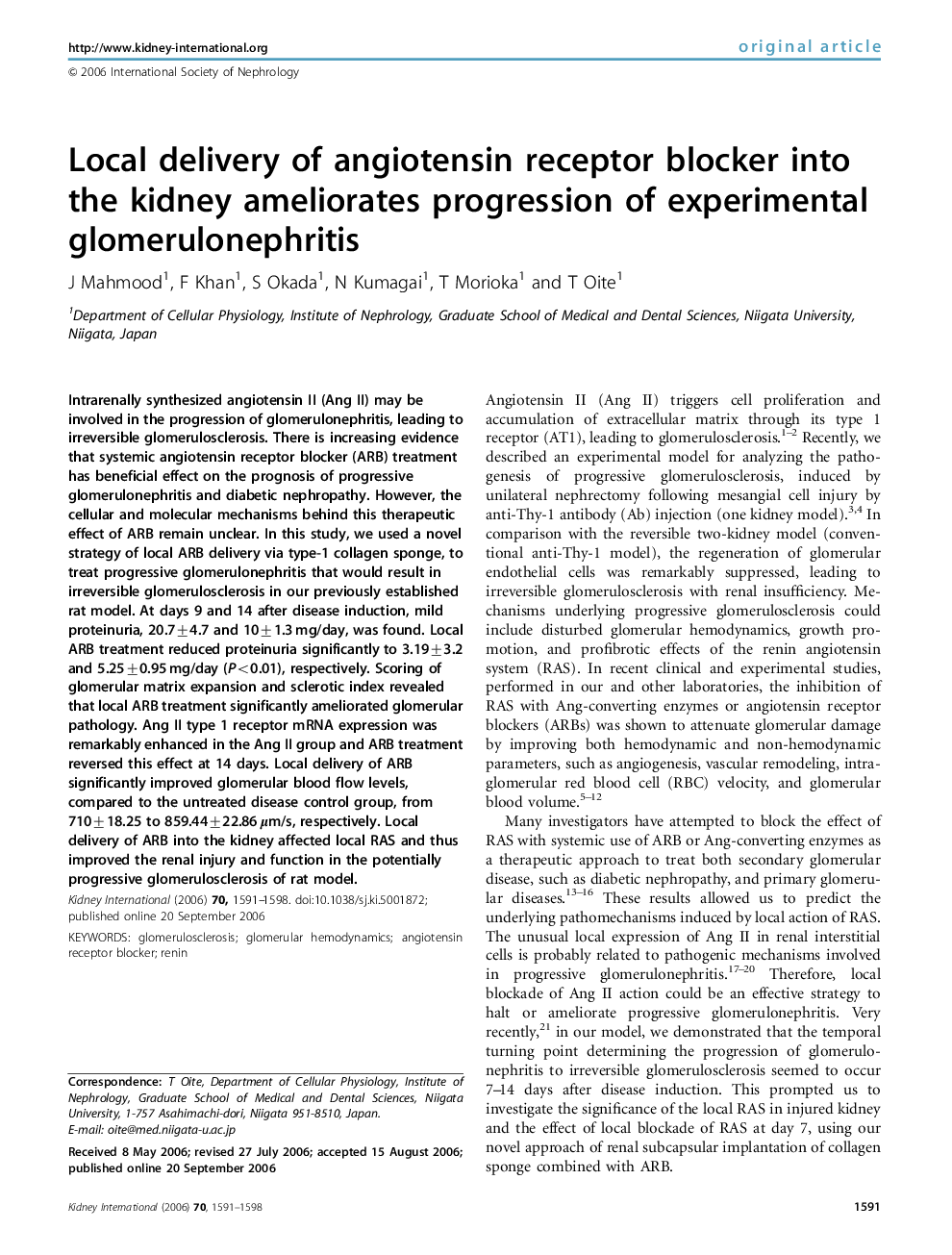 Local delivery of angiotensin receptor blocker into the kidney ameliorates progression of experimental glomerulonephritis