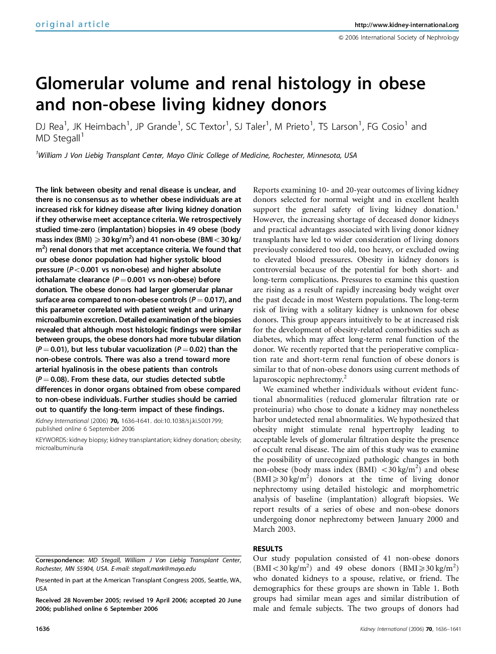 Glomerular volume and renal histology in obese and non-obese living kidney donors 