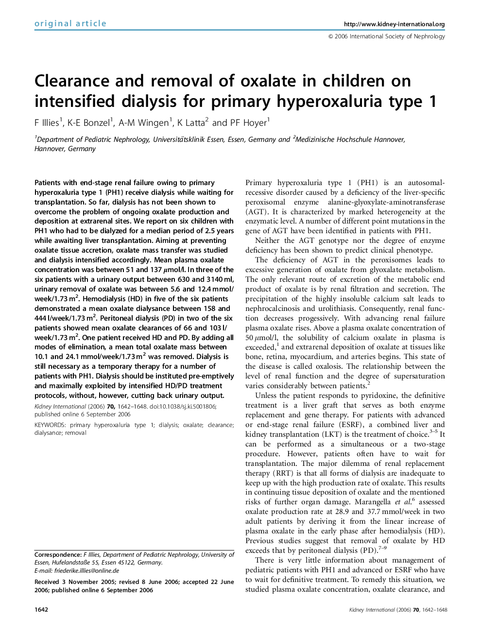 Clearance and removal of oxalate in children on intensified dialysis for primary hyperoxaluria type 1
