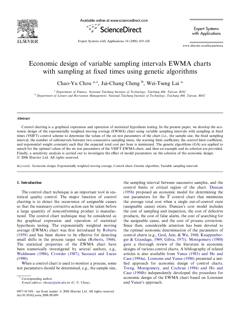 Economic design of variable sampling intervals EWMA charts with sampling at fixed times using genetic algorithms