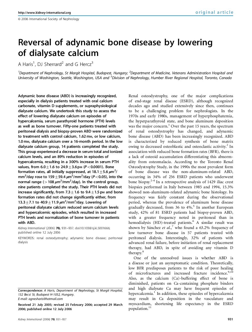 Reversal of adynamic bone disease by lowering of dialysate calcium