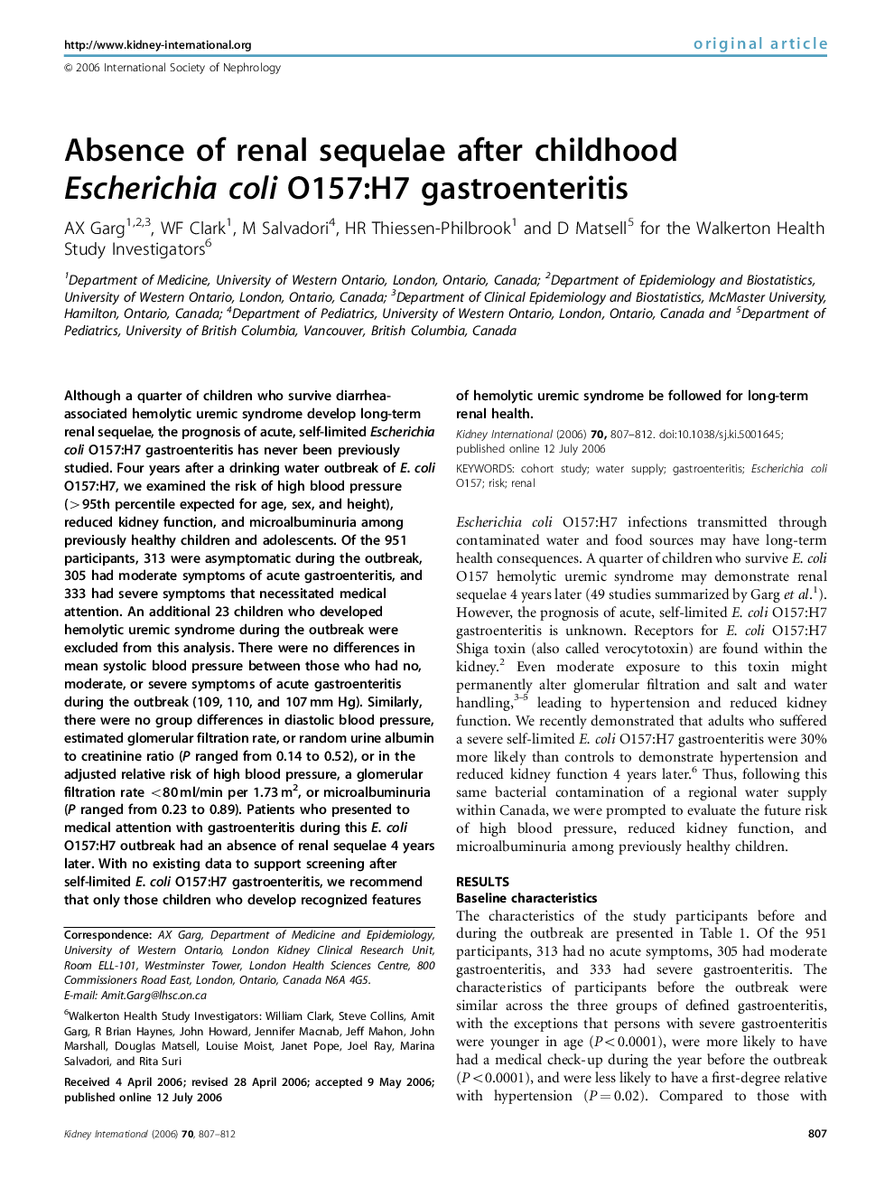 Absence of renal sequelae after childhood Escherichia coli O157:H7 gastroenteritis