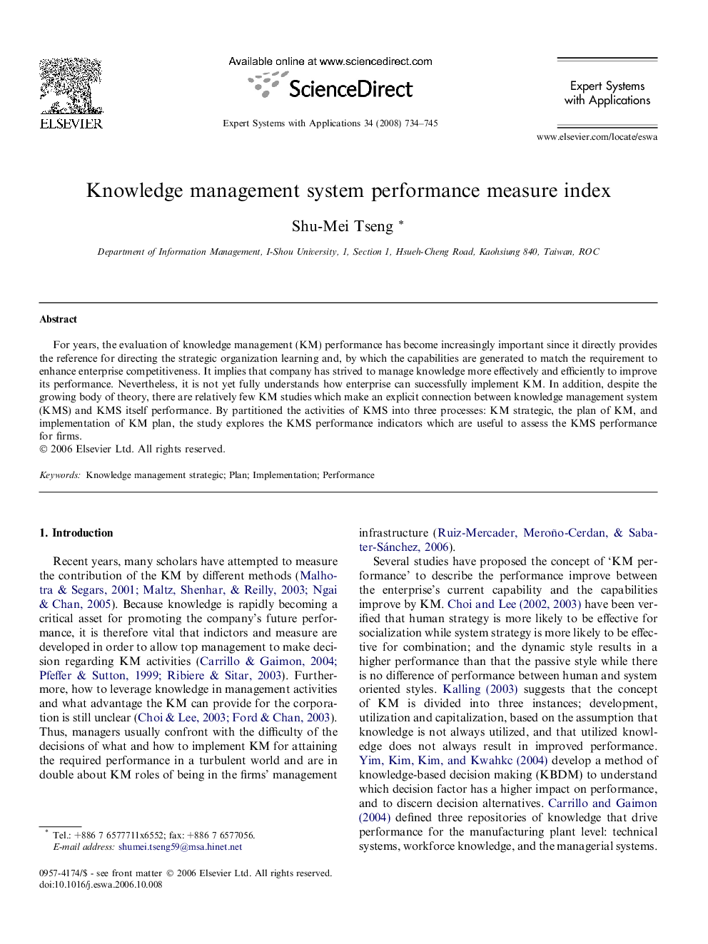 Knowledge management system performance measure index