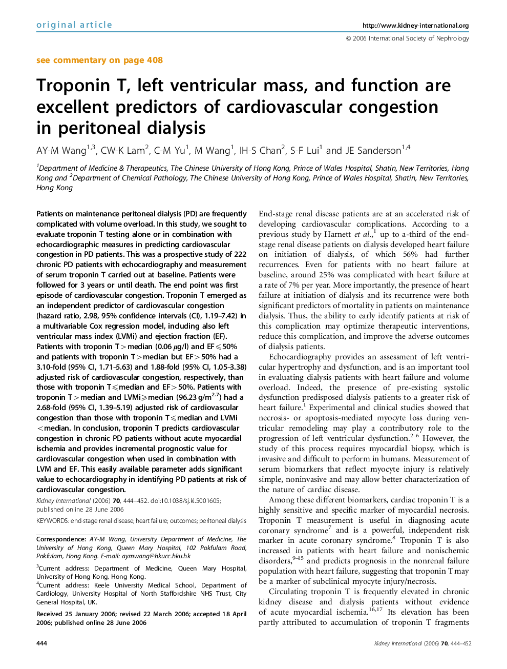 Troponin T, left ventricular mass, and function are excellent predictors of cardiovascular congestion in peritoneal dialysis