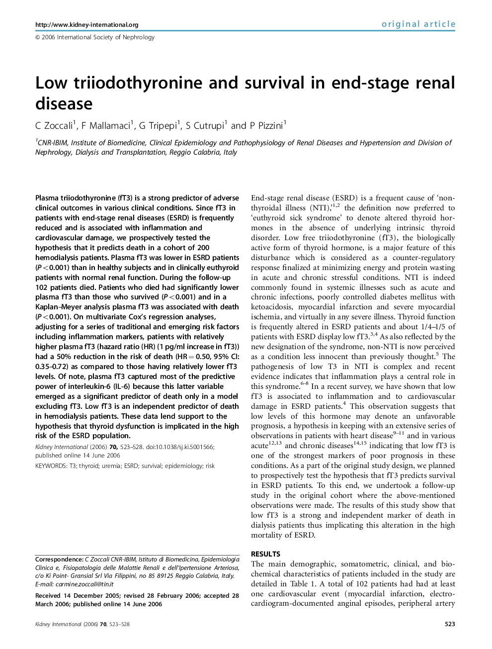 Low triiodothyronine and survival in end-stage renal disease